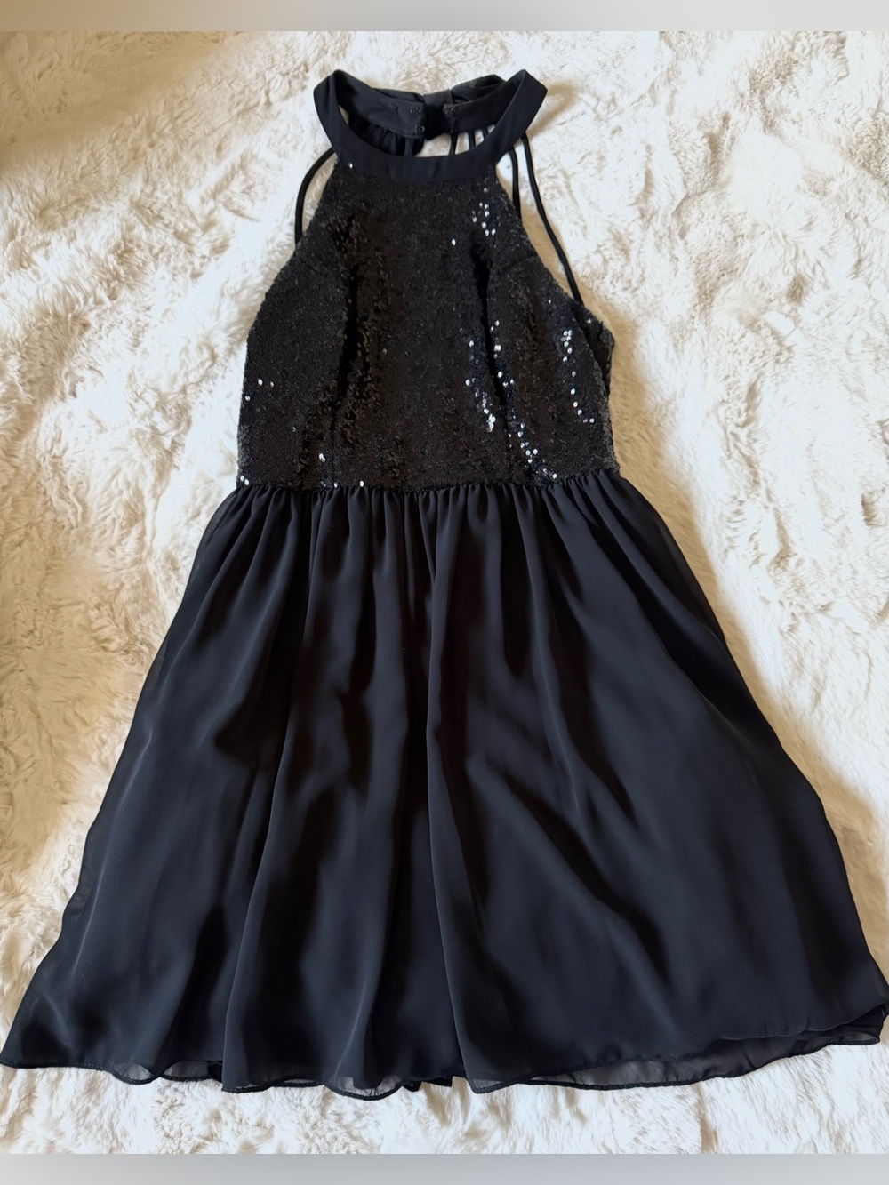 Black Sequin Halter Dress with Sequin Bodice & Flowy Chiffon Skirt - Size Small